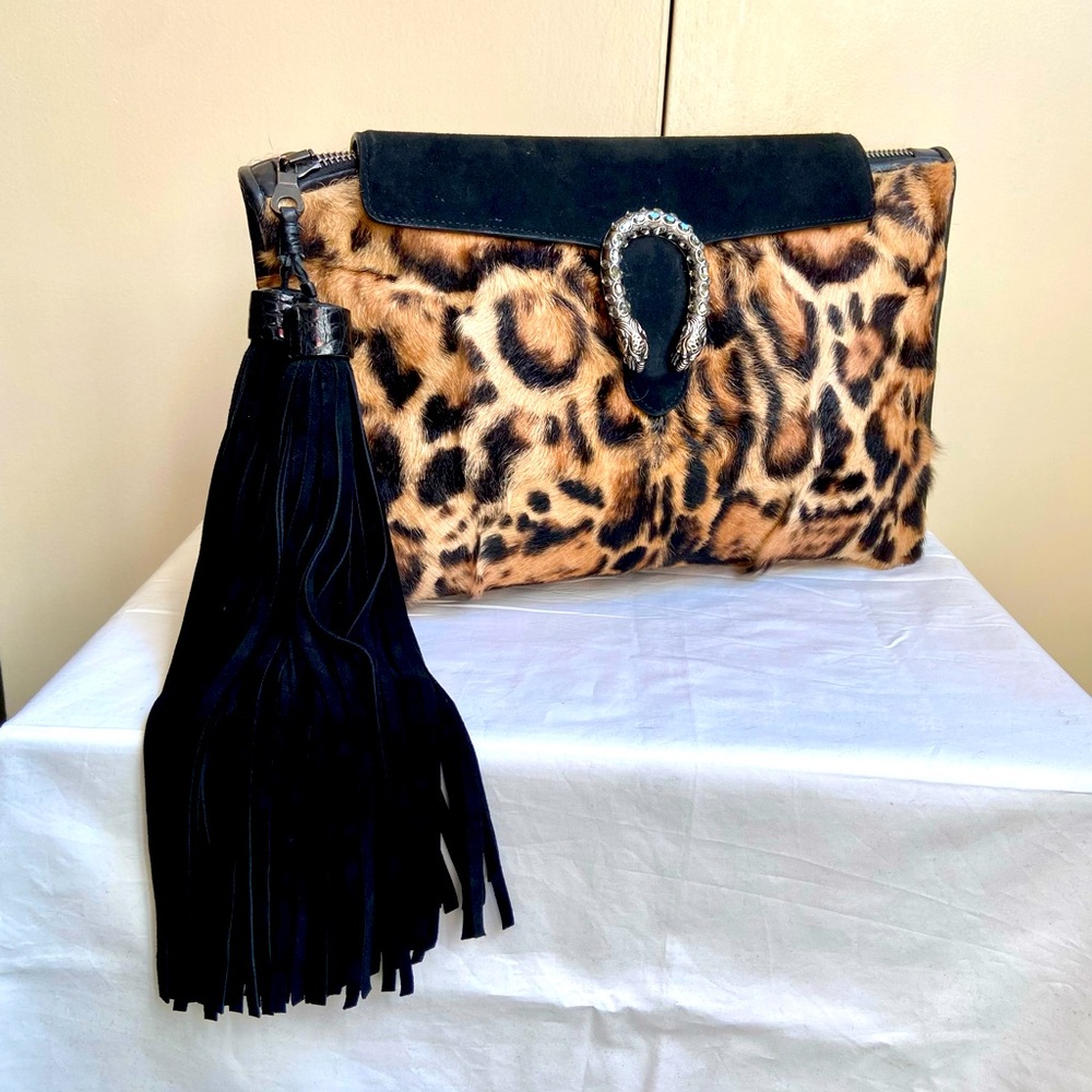 Gucci Style Brown and Black Leopard Print Clutch with Gold Embellishment